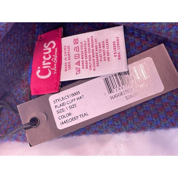 3/$20 Sam Edelman Circus Acrylic Knit Ski Hat Pompom Logo Blue Plaid New - Picture 6 of 6